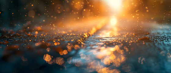 Brightly Sunset Lit Wet Road with Bokeh and Leaves
