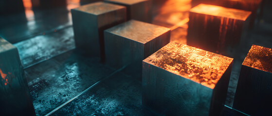 Abstract Metal Cubic Formation Platform with Bright Lighting - obrazy, fototapety, plakaty