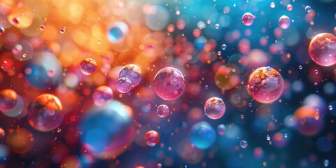 Numerous bubbles floating freely in the air, colorful and translucent against the sky. - obrazy, fototapety, plakaty