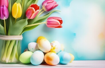 Fototapeta na wymiar Table with vase of tulips, colorful Easter eggs. Basket of eggs and vase of tulips on kitchen table near window. Happy Easter greeting card, banner, festive background. Blurred background. Copy space.