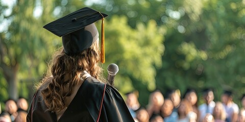 Valedictorian giving commencement speech to graduating class of graduates. Graduation concept with fictional people. Girl with black cap and gown