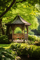 Sun-kissed Wooden Gazebo Surrounded by Verdant Greenery: A Serene Hideaway in Nature