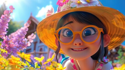 Summer vacation and spring break kawaii 3D concept illustration in modern animation style. Girl with glasses and hat in foreign city