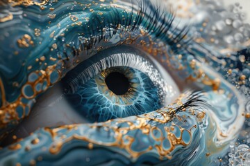 Detailed view of a blue and gold eye, showing intricate patterns and colors. - obrazy, fototapety, plakaty