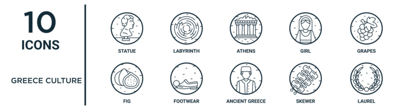 greece culture outline icon set includes thin line statue, athens, grapes, footwear, skewer, laurel, fig icons for report, presentation, diagram, web design