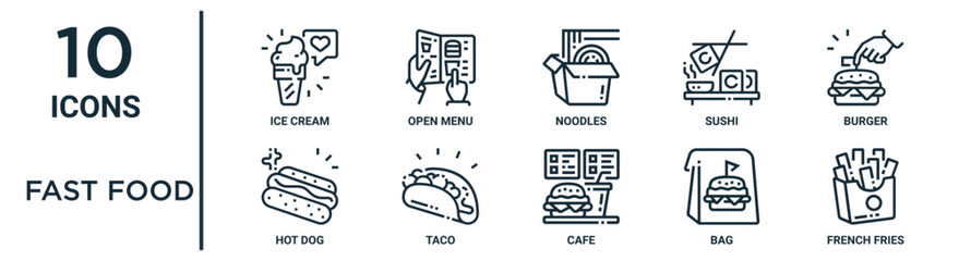 fast food outline icon set includes thin line ice cream, noodles, burger, taco, bag, french fries, hot dog icons for report, presentation, diagram, web design