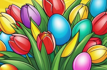 Fototapeta na wymiar Holiday celebration banner with colorful tulips, spring flowers and colorful decorated Easter eggs on light background. Happy Easter greeting card, banner, festive background. Close up, Copy space.