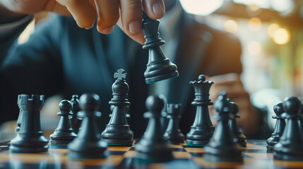 . Business strategy and leadership concept, Businessman playing chess. Close up.  - obrazy, fototapety, plakaty