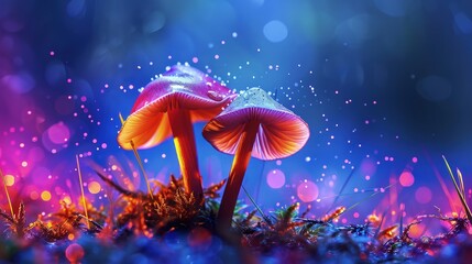 Fototapeta na wymiar Fantasy Mushroom Wallpaper. Glowing Mushrooms in mystery dark forest close-up. Magic mushrooms in the forest. Glowing fluorescent mushroom in mystic luminescent forest.