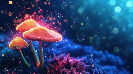 Fototapeta na wymiar Fantasy Mushroom Wallpaper. Glowing Mushrooms in mystery dark forest close-up. Magic mushrooms in the forest. Glowing fluorescent mushroom in mystic luminescent forest.
