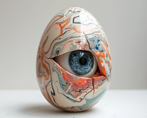 Egg with abstract paint subtle crack revealing an animals eye stark minimalism - obrazy, fototapety, plakaty