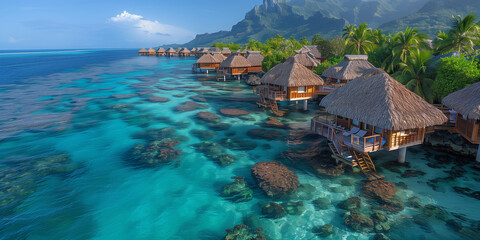 tropical island in the Maldives,Over water bungalows with steps into amazing green lagoon