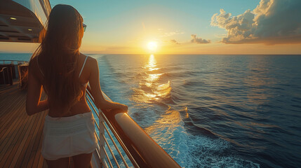 woman on a wooden deck of a cruise ship at sunset, a Luxury cruise ship travel elegant tourist woman on the balcony deck of a luxury yacht, Summer vacation cruise ship - obrazy, fototapety, plakaty