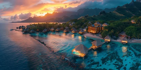 Fotobehang Bora Bora, Frans Polynesië Romantic honeymoon getaway in overwater bungalow villas of Tahiti resort, Bora Bora, French Polynesia. Landscape copy space panorama, drone view, sunset