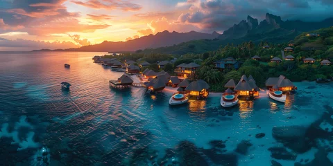 Photo sur Plexiglas Bora Bora, Polynésie française Romantic honeymoon getaway in overwater bungalows villas of Tahiti resort at sunset, Bora Bora, French Polynesia. Landscape copy space panorama