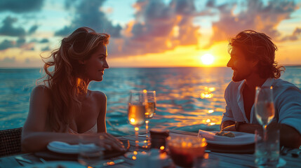 romantic dinner on the beach at sunset, a couple of man and woman on the beach drinking champagne at sunset