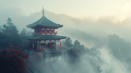Obraz premium mysteries japanese temple on the top of the hill with full of mist.