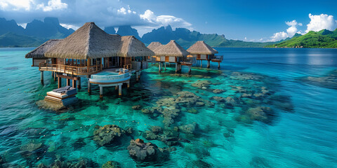 overwater bungalows villas of Tahiti resort, Bora Bora, French Polynesia. Landscape copy space panorama