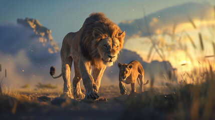 leader lion walking on the safari field and the female lion walking behind. - obrazy, fototapety, plakaty
