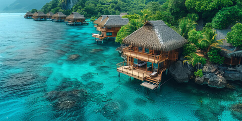 top view at a honeymoon getaway in overwater bungalow villas of Tahiti resort, Bora Bora, French Polynesia. Landscape copy space panorama