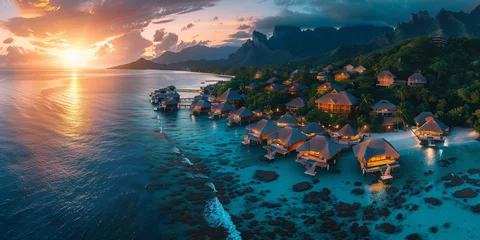 Fototapete Bora Bora, Französisch-Polynesien Luxury travel vacation destination at sunset Romantic honeymoon getaway in overwater bungalow villas of Tahiti resort, Bora Bora, French Polynesia. Landscape copy space panorama