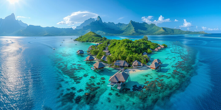 top view Luxury travel vacation destination panoramic banner. Romantic honeymoon getaway in overwater bungalows villas of Tahiti resort, Bora Bora, French Polynesia. Landscape copy space panorama