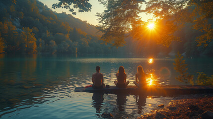 Fototapeta premium group of young people sitting on the edge of a pier at sunset, outdoors in nature. Friends enjoying a day at the lake in summer