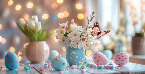 Colorful hand-painted Easter eggs adorned with springtime flowers and butterflies, evoking festive seasonal joy.