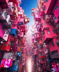 Abstrakte Darstellung von einem Stadtteil in Asien, bunte Wohngebäude, symmetrisches Chaos, Straße in Hong Kong