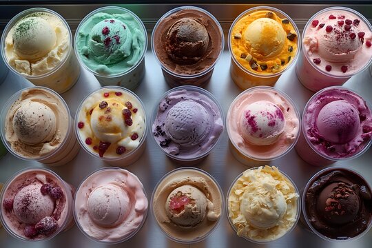 Buntes Eis, Verschiedene Eissorten angerichtet, Aufsicht auf leckere Eisbecher