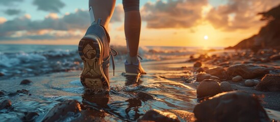 Personal growth journey, athlete with prosthetic leg on coastal trail, sunrise inspiration - obrazy, fototapety, plakaty