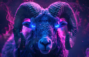 Aries zodiac sign with a stylized ram head in purple and blue neon lights against a starry backdrop. 