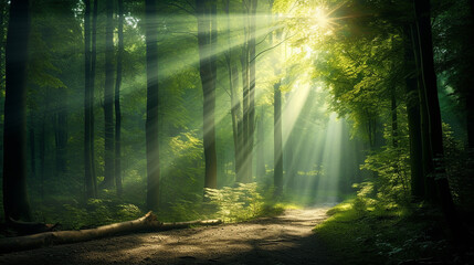 Fototapeta premium Beautiful rays of sunlight in a green forest