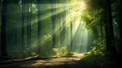 Zelfklevend Fotobehang Beautiful rays of sunlight in a green forest © Yellow