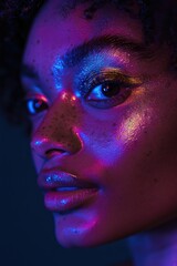 Afro american young woman fashion model with a sprinkling of freckles across her face, showcasing her unique complexion.