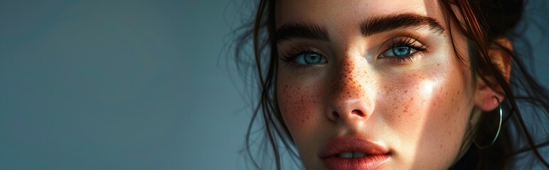 young woman fashion model with a sprinkling of freckles across her face, showcasing her unique complexion. Her facial features are enhanced by the freckles, Modern style - obrazy, fototapety, plakaty