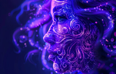 Virgo zodiac sign with a stylized image of a young woman in purple and blue neon lights on a starry background.