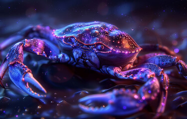 Zodiac sign Cancer with a stylized cancer in purple and blue neon lights on a starry background.