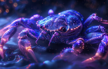 Zodiac sign Cancer with a stylized cancer in purple and blue neon lights on a starry background.