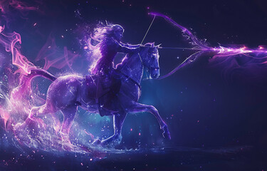 Zodiac sign Sagittarius with a stylized image of a horseman with a bow or a Centaur in purple and blue neon lights on a starry background. - obrazy, fototapety, plakaty