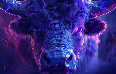Zodiac sign Taurus with a stylized bull's head in purple and blue neon lights on a starry background. - obrazy, fototapety, plakaty