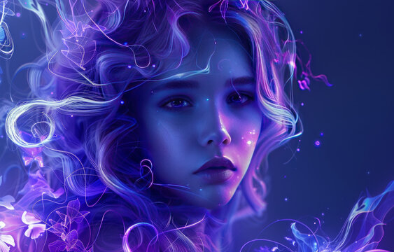 Virgo zodiac sign with a stylized image of a young woman in purple and blue neon lights on a starry background.