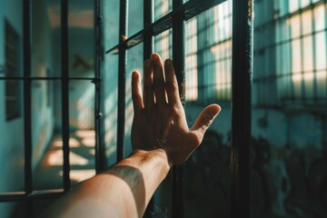 Hand Reaching Out of Jail Cell Door. Generative AI - obrazy, fototapety, plakaty