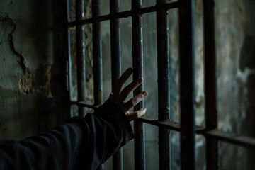 Person Holding Hand Out Through Bars of Jail Cell. Generative AI