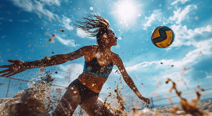 Energetic Beach Volleyball Player Making an Athletic Serve on a Sunny Summer Day