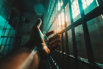 Hand Reaching Out of Jail Cell Door. Generative AI - obrazy, fototapety, plakaty