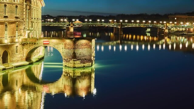 Remains of covered bridge of Daurade, built from 1141 to 1179 (still visible, since New Bridge) in Toulouse, France. Museum of History of Medicine. Museum is located in Hotel Assezat.