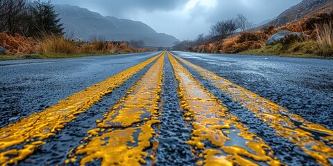 A wet road with clearly marked yellow lines, showcasing the aftermath of rainfall.