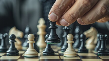 Businessman hand moving Chess King figure and Checkmate opponent during a chessboard competition. Strategy, Success, management, business planning, disruption and leadership concept