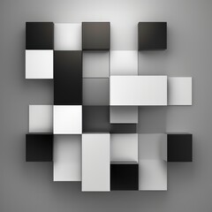 An abstract background with Black and white squares, in the style of layered geometry
